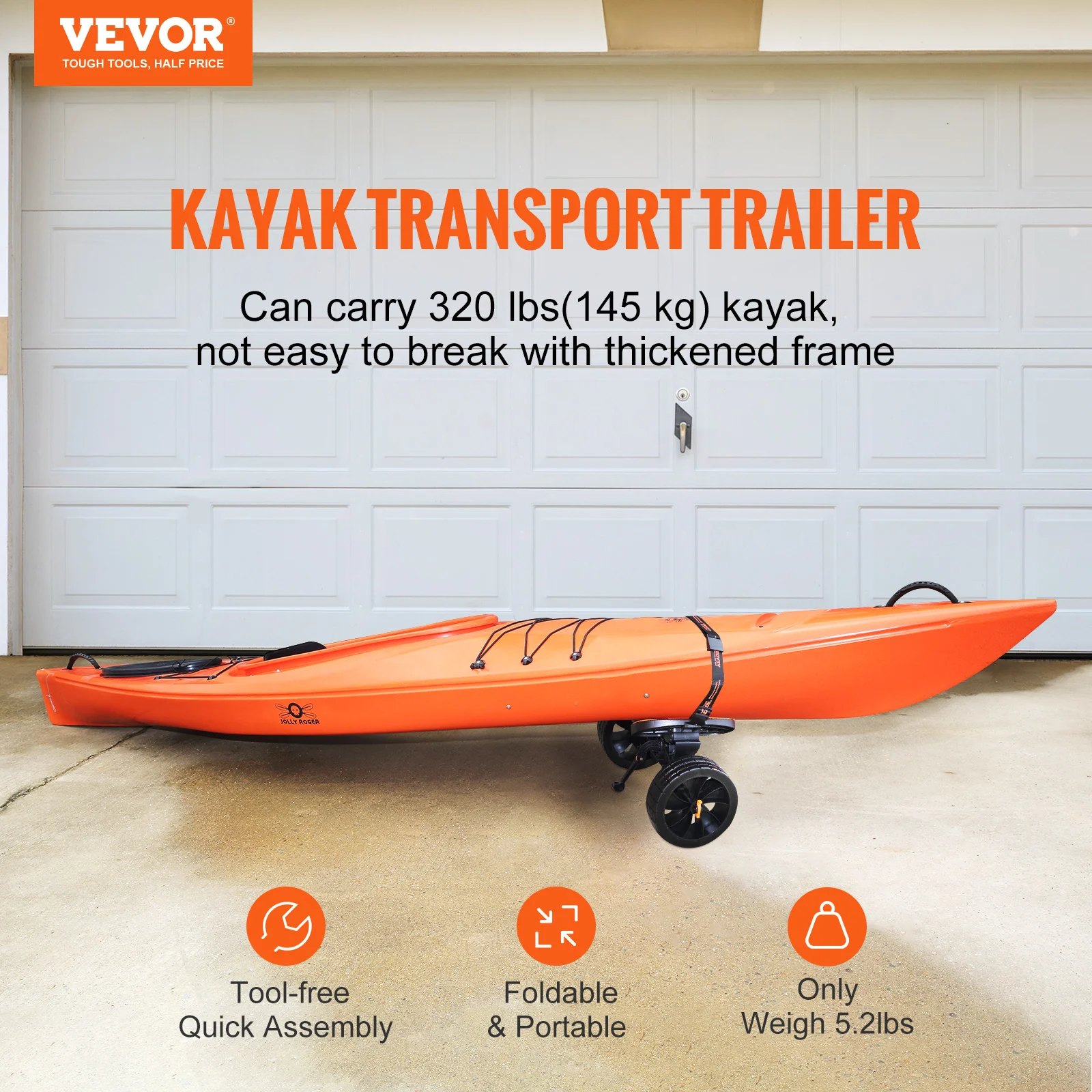 Kayak Cart Detachable Canoe Trolley Cart 10'' Solid Tires Adjustable Brackets for Paddleboards Float Mats Boat 320lbs
