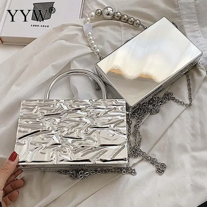 INS Creative Square Acrylic Handbag Box Women Big Pearl Top Handle Smooth Surface Messenger Bag Crossbody Metal Chain Purse Tote