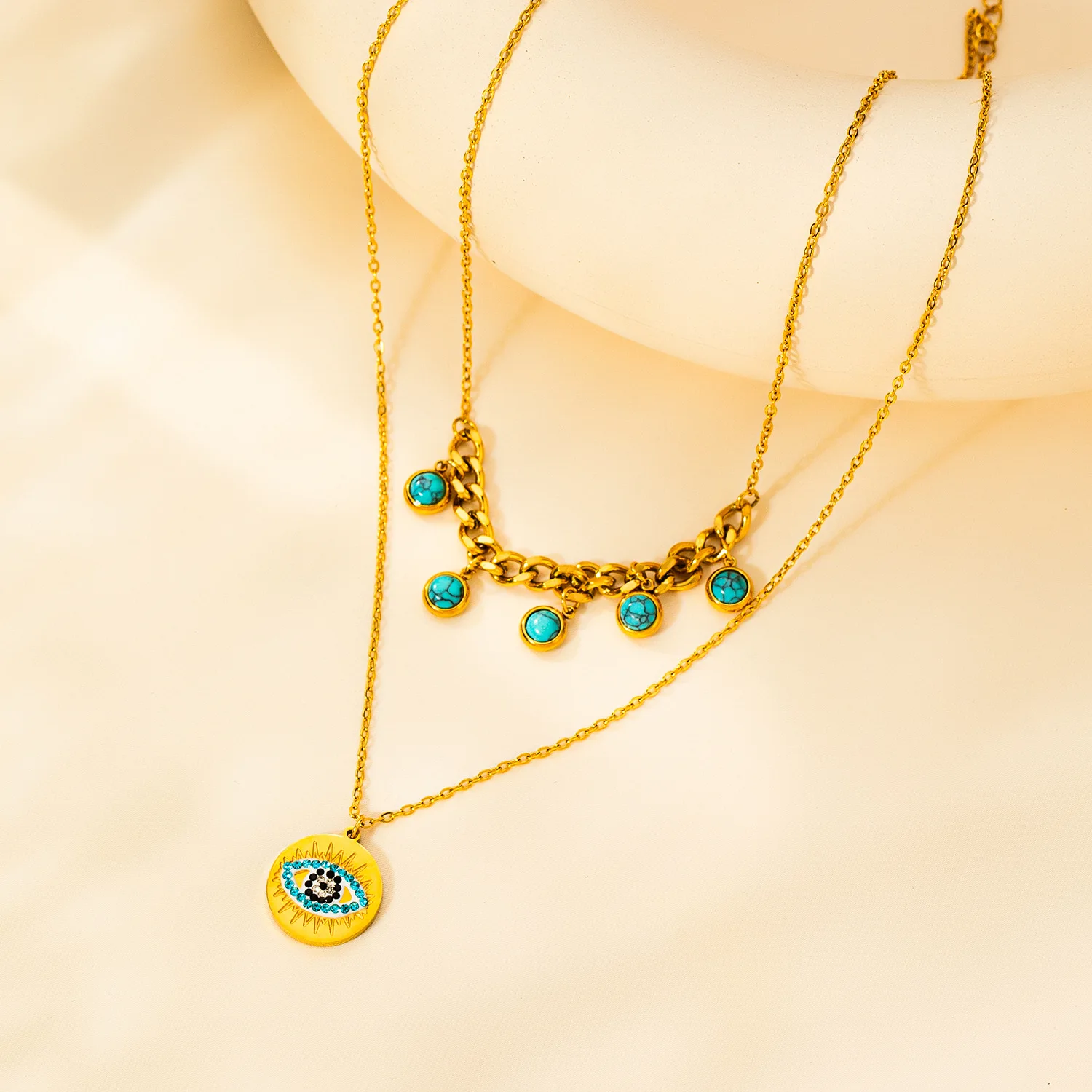 316L Stainless Steel Drip oil Round Card Double Layer Necklace For Women Personality Vintage Jewelry Gifts 2