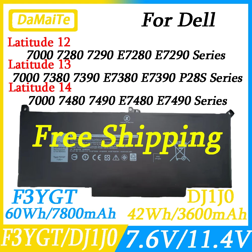 Bateria do Portátil F3ygt Dj1j0 para Dell Dell 7480 2x39g Latitude 12 7000 7280 7290 E7280 E7290 E7380 E7390 13 7000 7380 7390 14 7480 7490