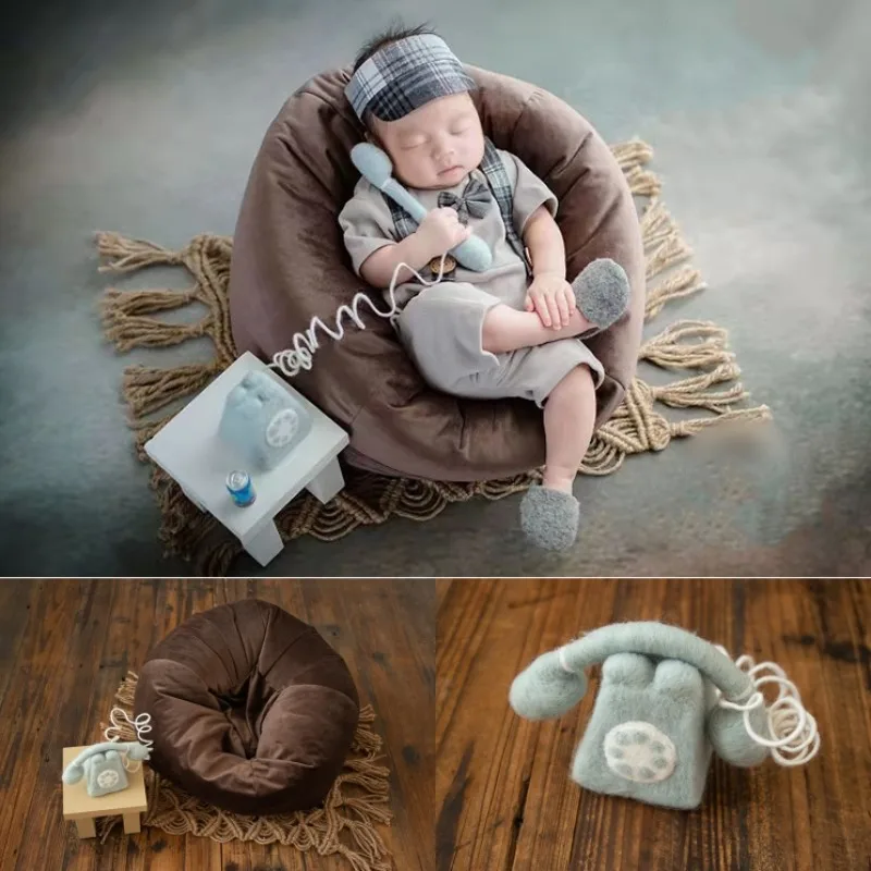 Newborn Baby Photography Props Handmade Wool Mini Telephone Decorations Posing Beanbag Side Table for Studio Shooting Photo Prop