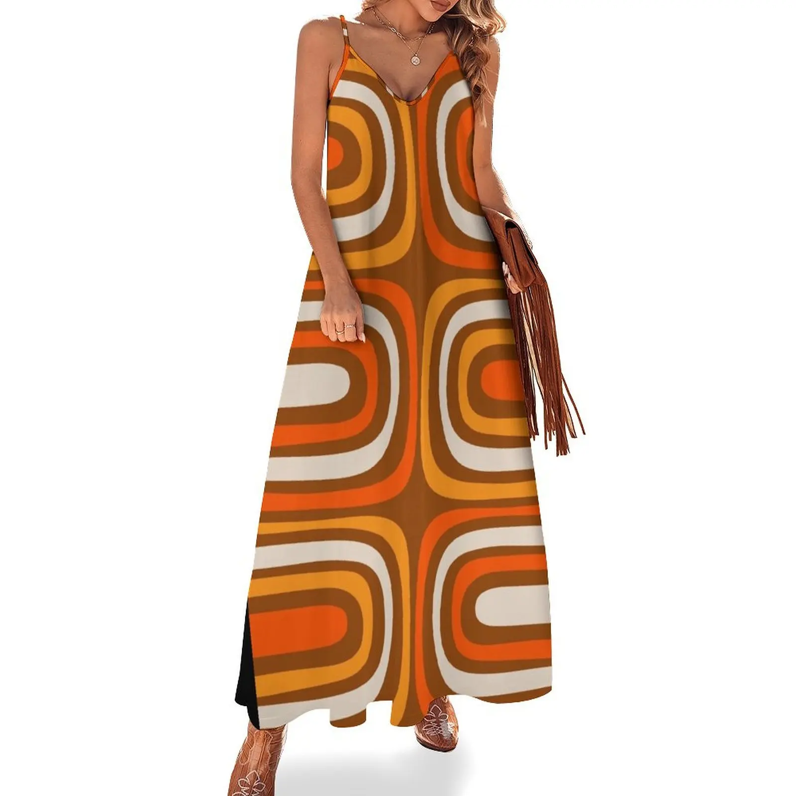 

Midcentury Modern Confaab Abstract Vertical Pattern in Retro 70s Light Brown and Orange Sleeveless Dress women evening dress