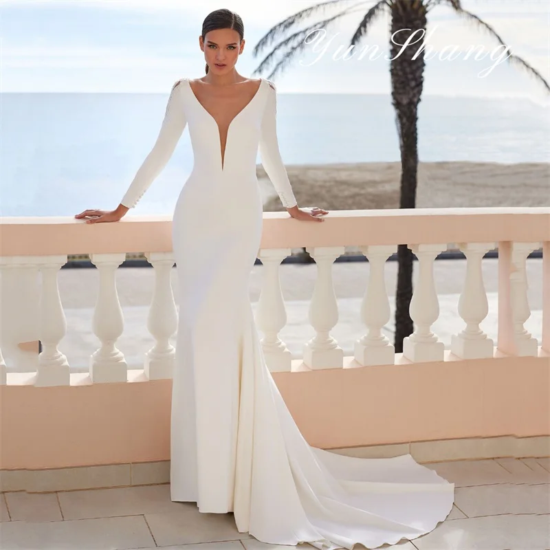 

Yunshang Elegant Wedding Dress Women Mermaid Long Sleeve Open Back Lace V-Neck Applique Bridal Gown Sweep Train Vestido De Novia