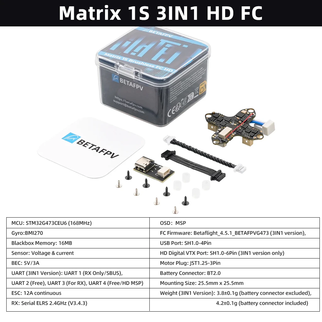 ตัวเลือกสินค้า BETAFPV Matrix 1S 3IN1 AIO FC Brushless 2.4G ELRS ชุดควบคุมการบินพร้อมรีซีฟเวอร์ สำหรับ O4 Air Unit Meteor75 Pro 1S HD Whoop Drone Racing