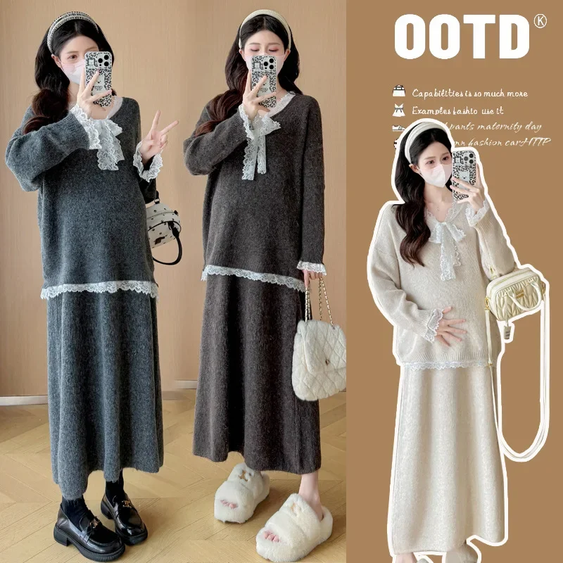 Fashionable Autumn/Winter Maternity Suit Plus Size Elegant Trendy Sweater Cardigan+Skirt 2-piece Set For Pregnant Women