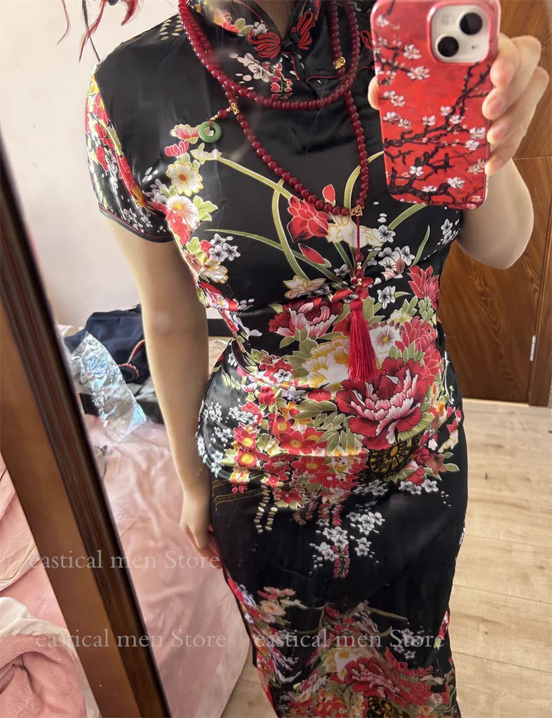 Chinese Dress Sexy Flower Print Cheongsams Long Qipao Lady Chinese Style Dress Satin Costume