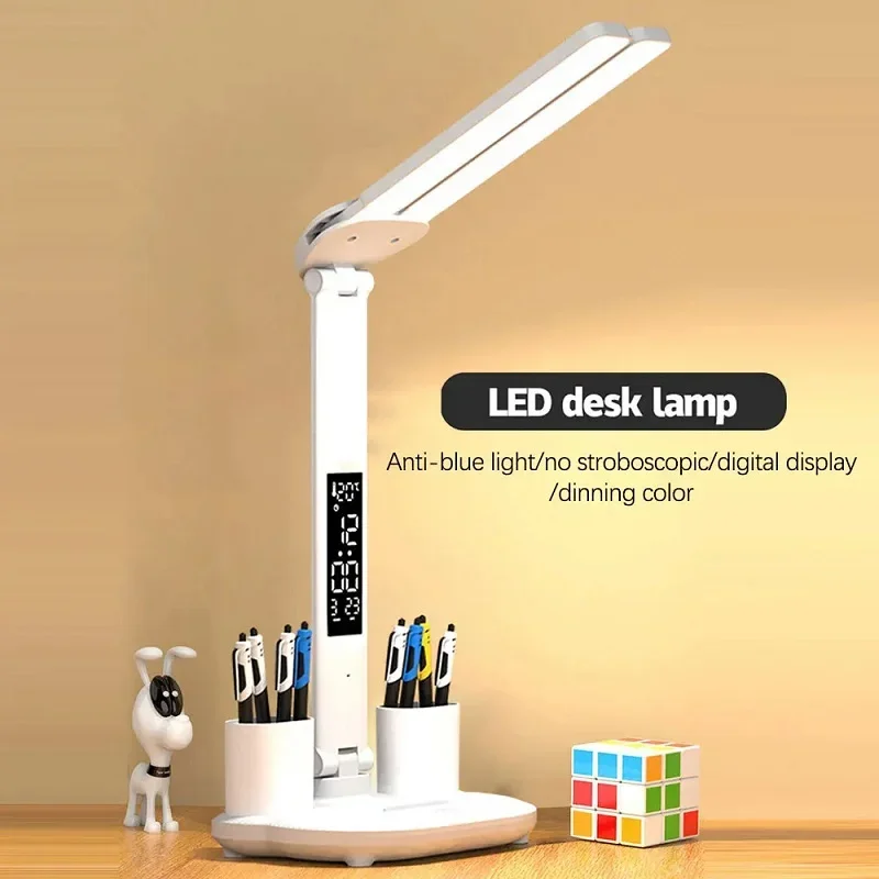 

LED Desk Lamp USB Chargeable Dimmable Touch Foldable Table Lamp with Calendar Temperature Clock Night Light for Reading Lamp