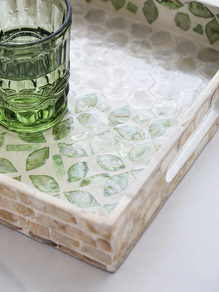 Luxury Rectangle Green Mother Of Pearls Tray With Two Handles Hand Crafted Home Tabletop Decor Storage Plate For Coffee Cups Set 5