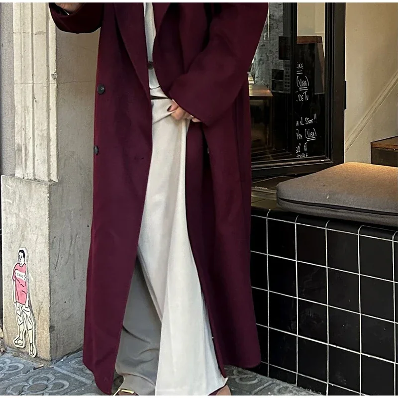 Fashion Burgundy Red Woolen Long Coat Women Oversized Shoulder Pads Full Sleeve Double Breasted Overcoats Autumn Lady Streetwear