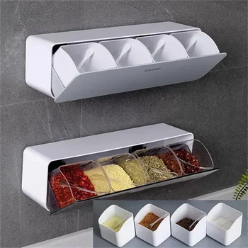 Set combinato di scatole di condimenti 4 in 1, scatola di immagazzinaggio di condimenti a parete, zucchero, sale, spezie, contenitore, organizer, forniture da cucina 1