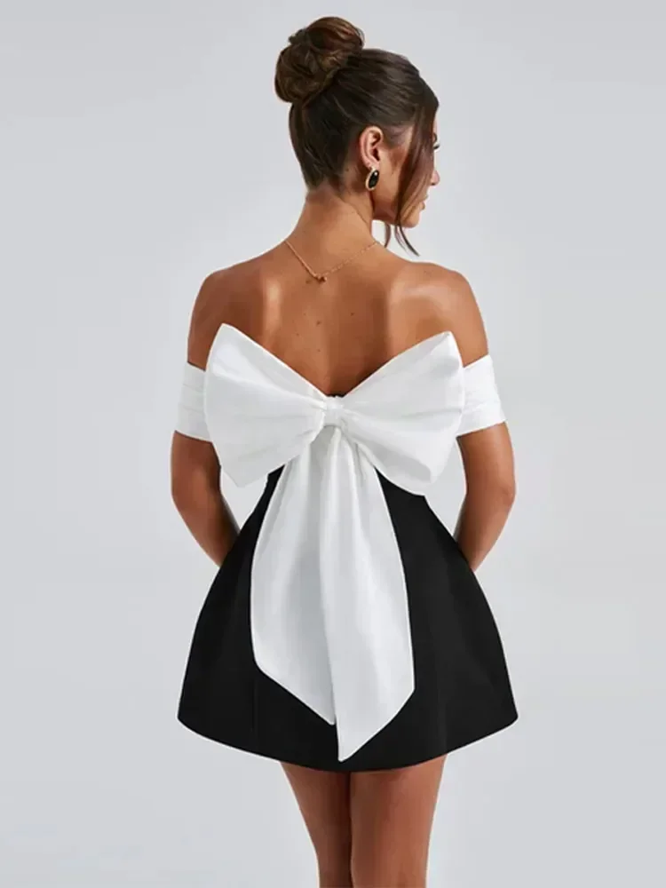 Fashion Backless 3d Bow Patchwork Mini Dress Elegant Strapless High Waist A-linen Dresses 2025 New Street Party Club Gown 4
