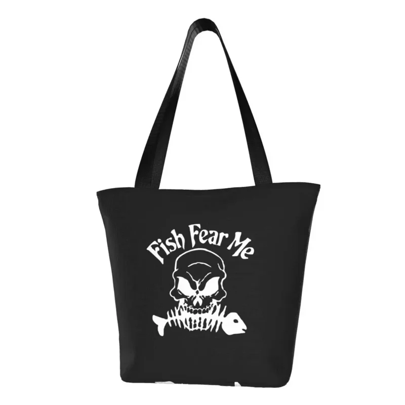 

Reusable Fish Fear Me Fishing Quote Shopping Bag Women Canvas Shoulder Tote Bag Portable Fisherman Fish Grocery Shopper Bags