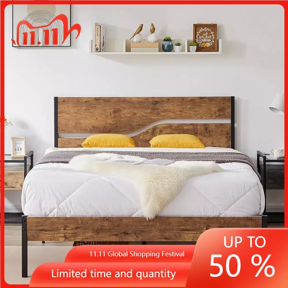 

Easy Assembly Bedframe Full Size Platform Bed Frame With Rustic Wood Headboard Strong Metal Slats Support No Box Spring Needed