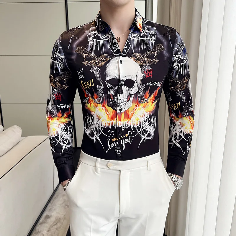 

6XL Black Vintage Flame Skeleton Shirt New Men Slim Fit Long Sleeve Shirt Mens Casual Skull Print White Shirts Man Chemise Homme