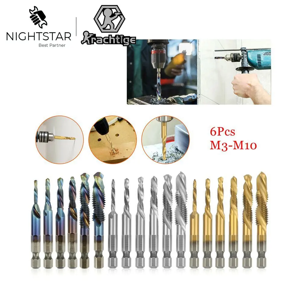 

6Pcs Titanium Plated Hex Shank HSS Screw Thread Metric Tap Drill Bits Screw Machine Compound M3 M4 M5 M6 M8 M10 Hand Tools