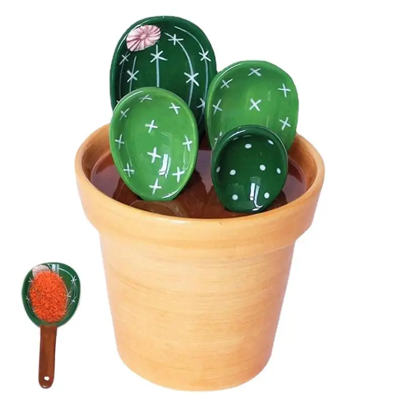 

Cactus Measuring Spoons Set In Pot 4pcs Ceramic Kitchen Spoons With Base Cute Cacti Measuring Spoons And 1 Cup For Baking Salt