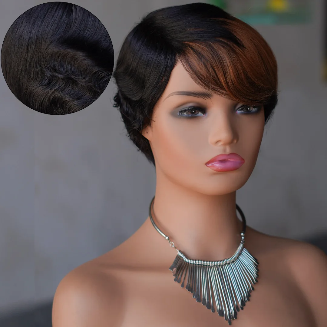Color T1B/30 Short Pixie Cut Wig Straight Human Hair Wigs With Bangs Brazilian Remy Hair Full Mahine Made Wigs
