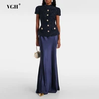 VGH Chic deux pièces ensembles pour femmes col montant manches courtes épissé poche Tweed haut taille haute jupes Maxi costume Vintage femme 1