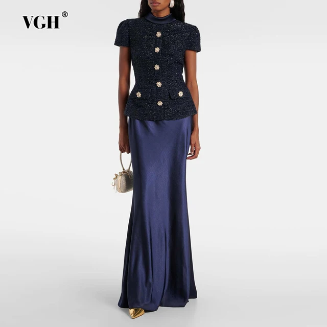 VGH Chic deux pièces ensembles pour femmes col montant manches courtes épissé poche Tweed haut taille haute jupes Maxi costume Vintage femme 1