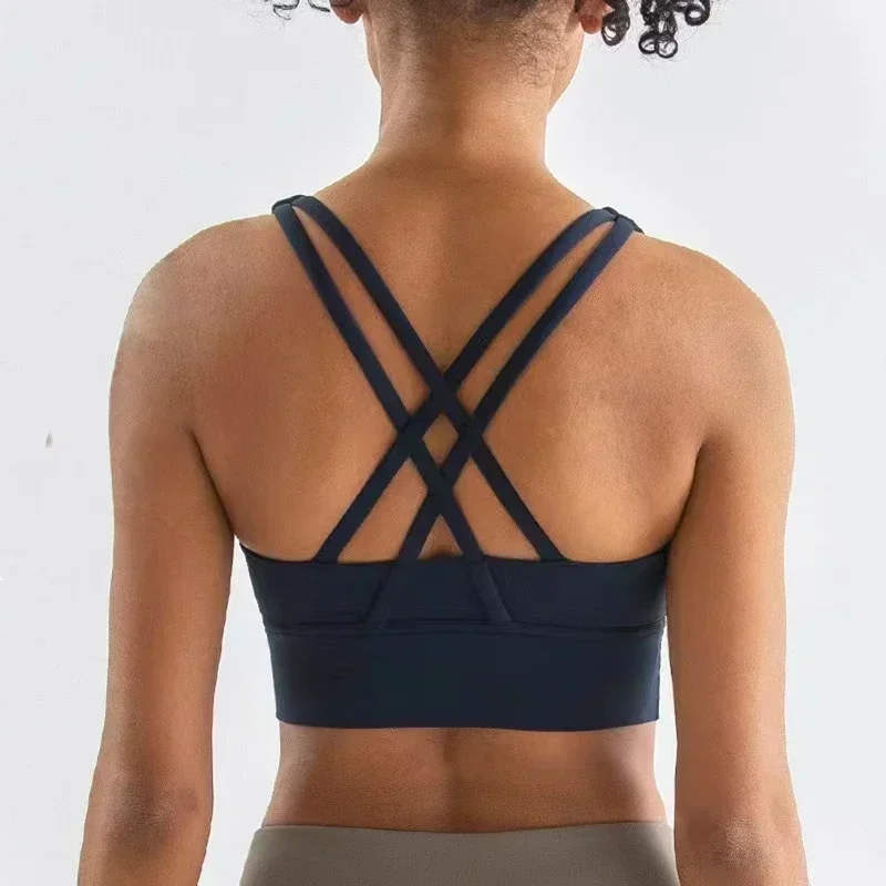 Lemon Women Soft Gym Yoga Vest Athletic Fitness Women Sports Bra Solid Color Cross Sexy Tights Tank Top With Chest Pad