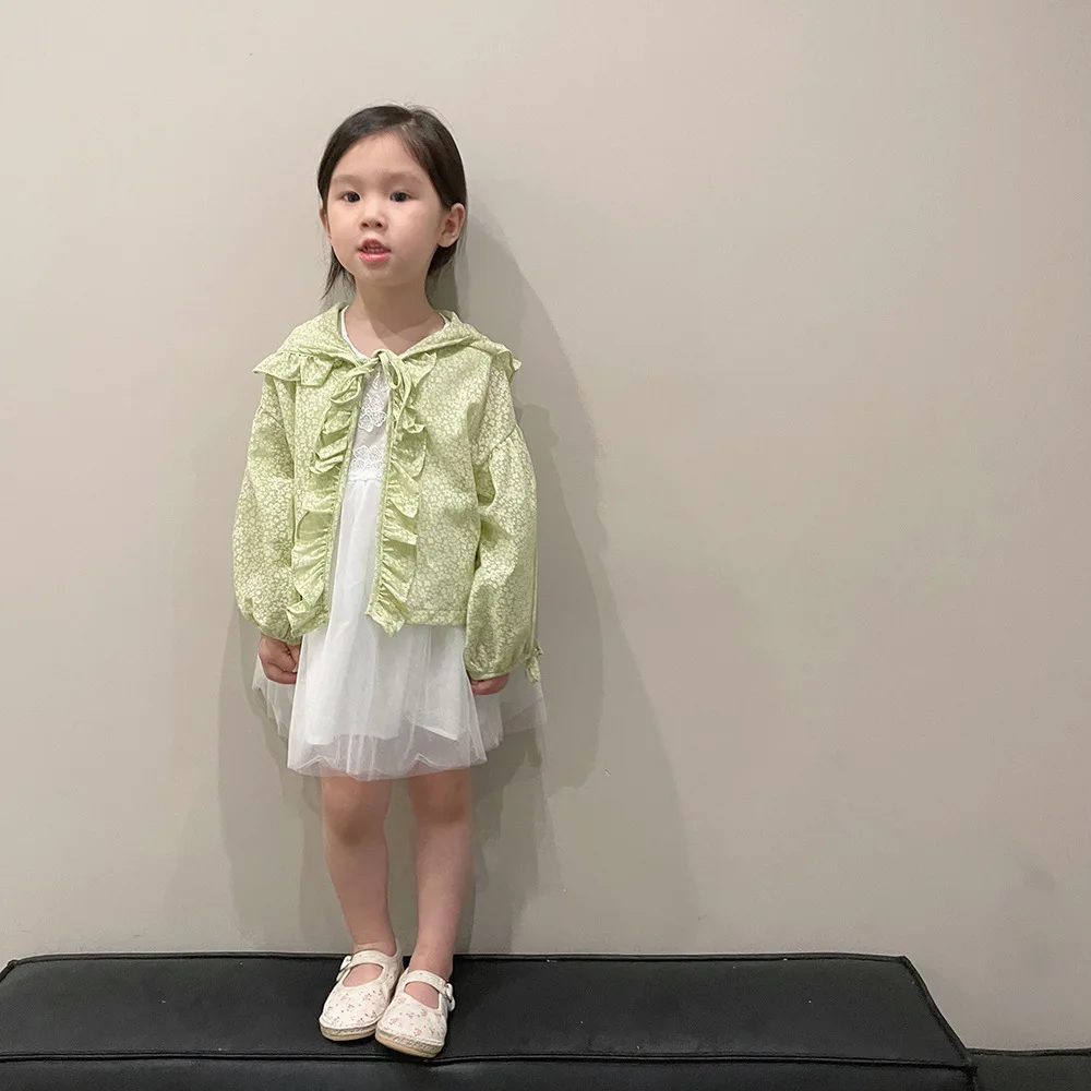 

Kids Girls Sun Protection Clothing 2022 New Summer Thin Simple Long Sleeve Hooded Outerwear Fashion Ruffles Lace Up Cardigan