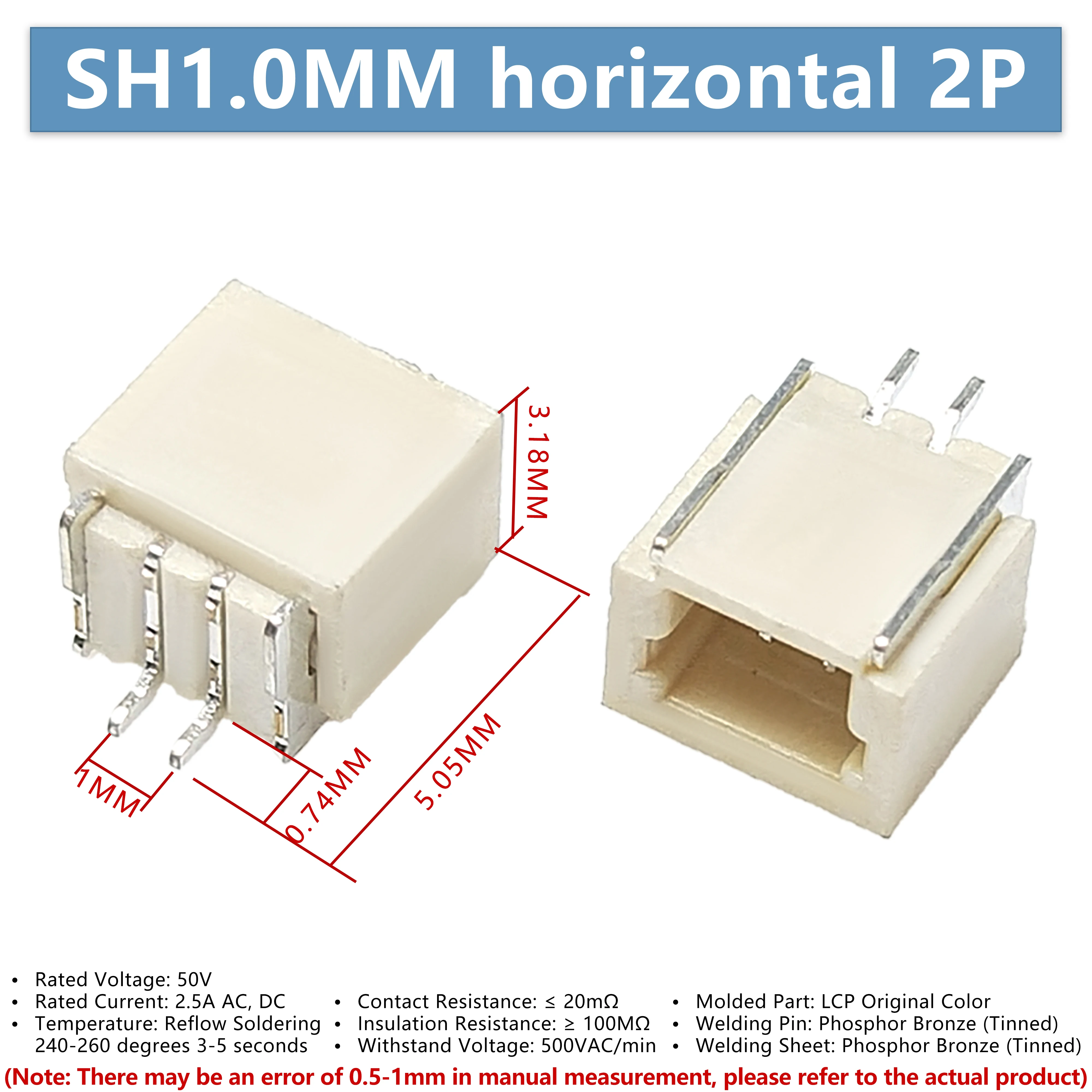 SH1.0mm 피치 2P 직각 SMD 암 소켓 터미널 커넥터, 고온 방지, 10PCS/1릴 2000PCS