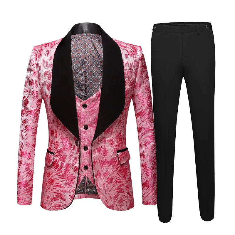 Luxury Printing Men Suit Black Patchwork One Button Wedding Party Banquet Jacket Set Singer Male 3 Piece Set (Blazer+Pants+Vest)