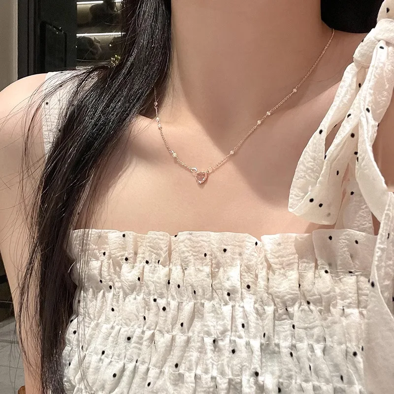 

INS Pink Love Women's Necklace French Light Luxury Imitation Pearl Sweet Accessories Y2K Cute Japanese Korean Girl Jewelry Gift