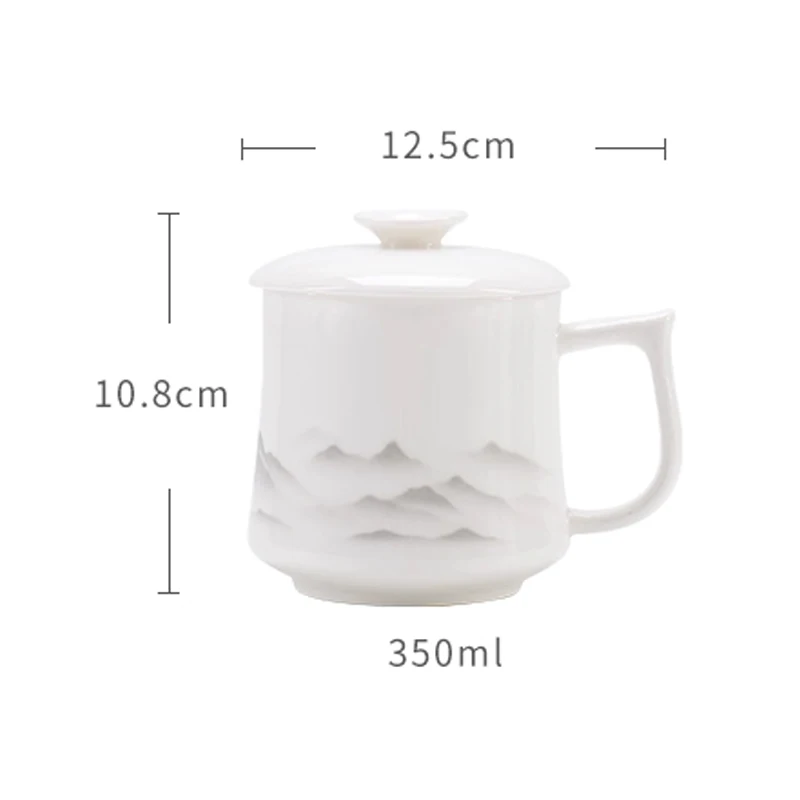 Chinese Style Pattern Ceramic White Porcelain Personal Tea Mugs, Personal Creative With Cover, Milk Water Coffee Cup, 350ml, 1Pc