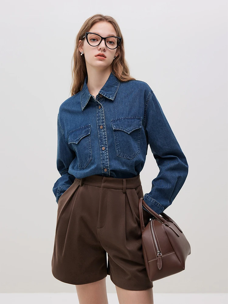 FSLE Retro Fashionable Washed Old Denim 100% Cotton Shirt for Women Autumn Winter 2023 New Big Pockets Design Top Female