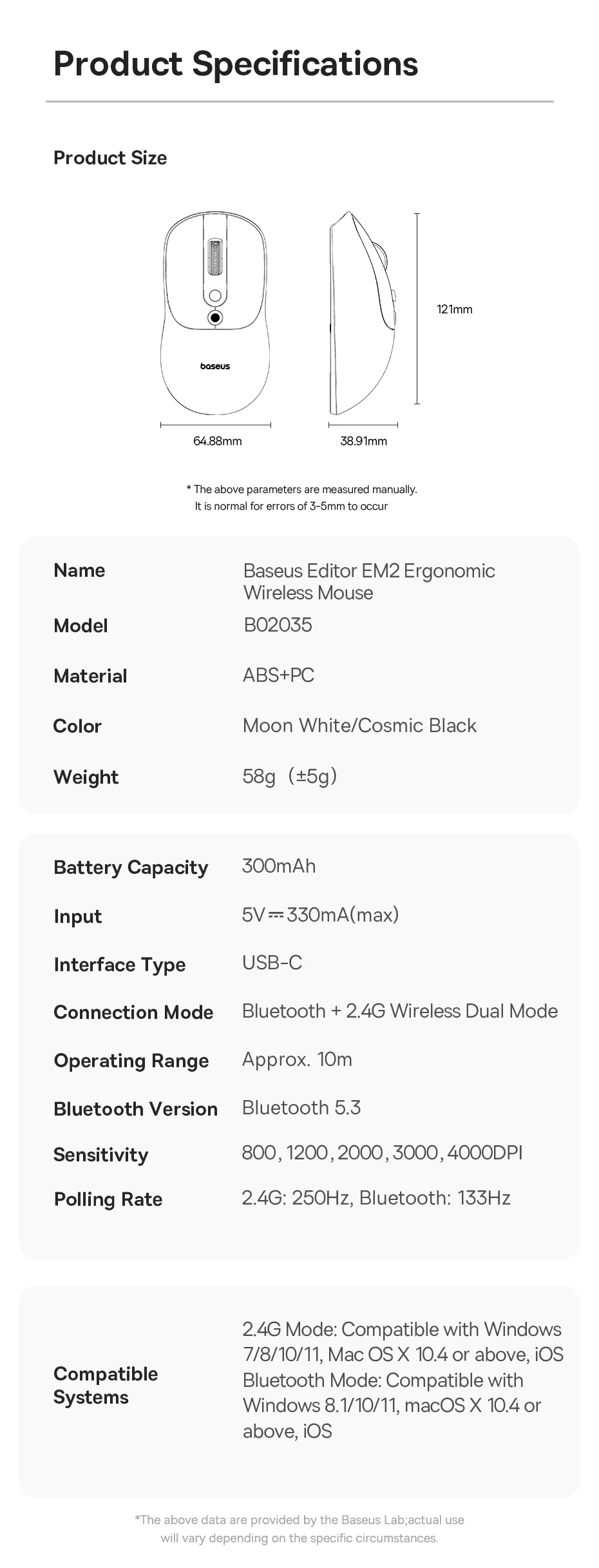 Baseus EM2 Ergonomic Wireless Mouse Bluetooth 5.3 2.4G