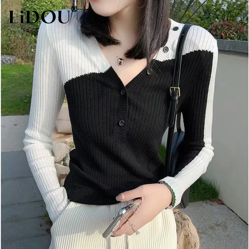 

2023 Spring Autumn New V-neck Long Sleeve Contrast Color Knitting Pullovers Women Slim Button All-match Casual Thin Style Tops