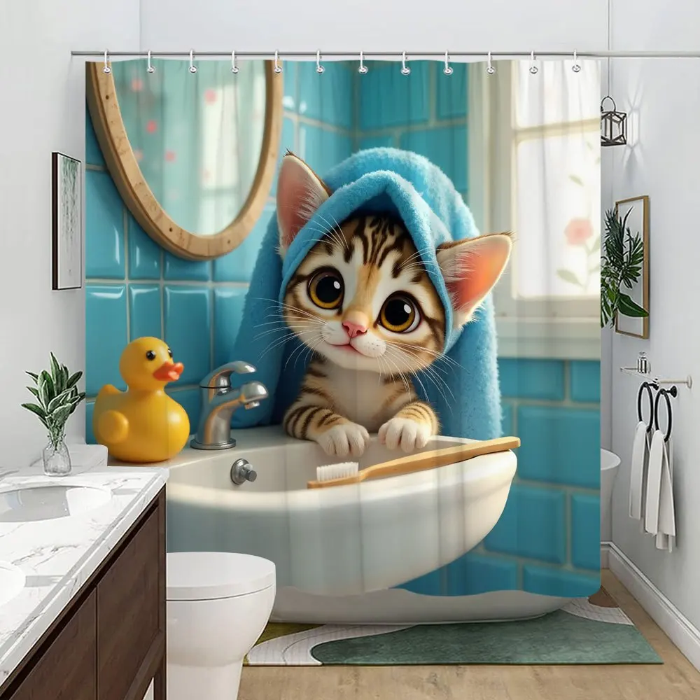 Cute Cat in Bathroom Waterproof Shower Curtain - Adorable Pet Decor, High-Quality Fabric, Durable and Stylish Design 3