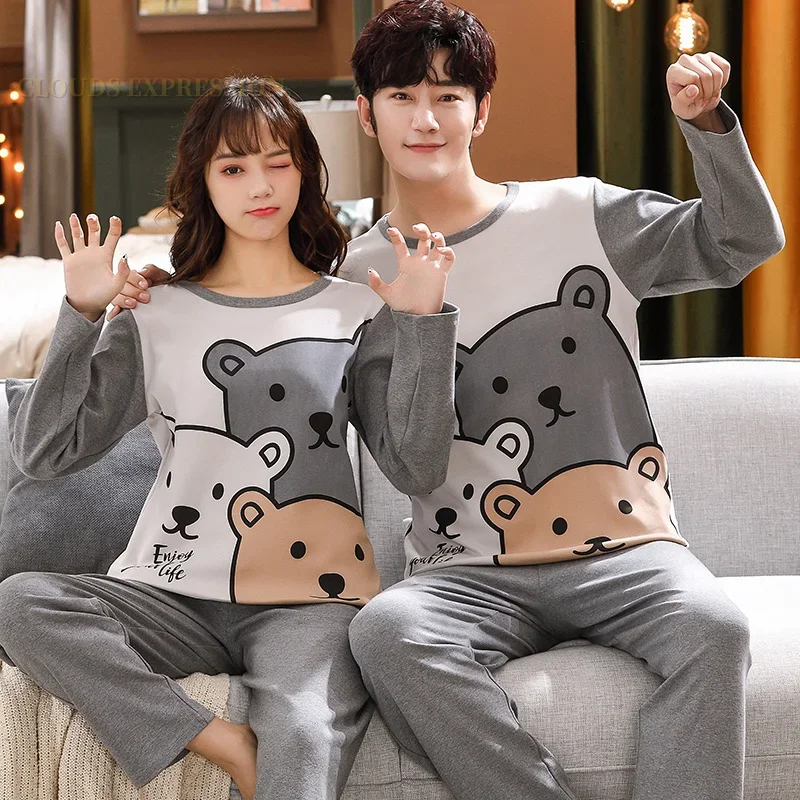 Pajama Sets Spring Autumn Knitted Cotton Cartoon Men's Plaid Casual Male Sleepwear 4XL Homewear