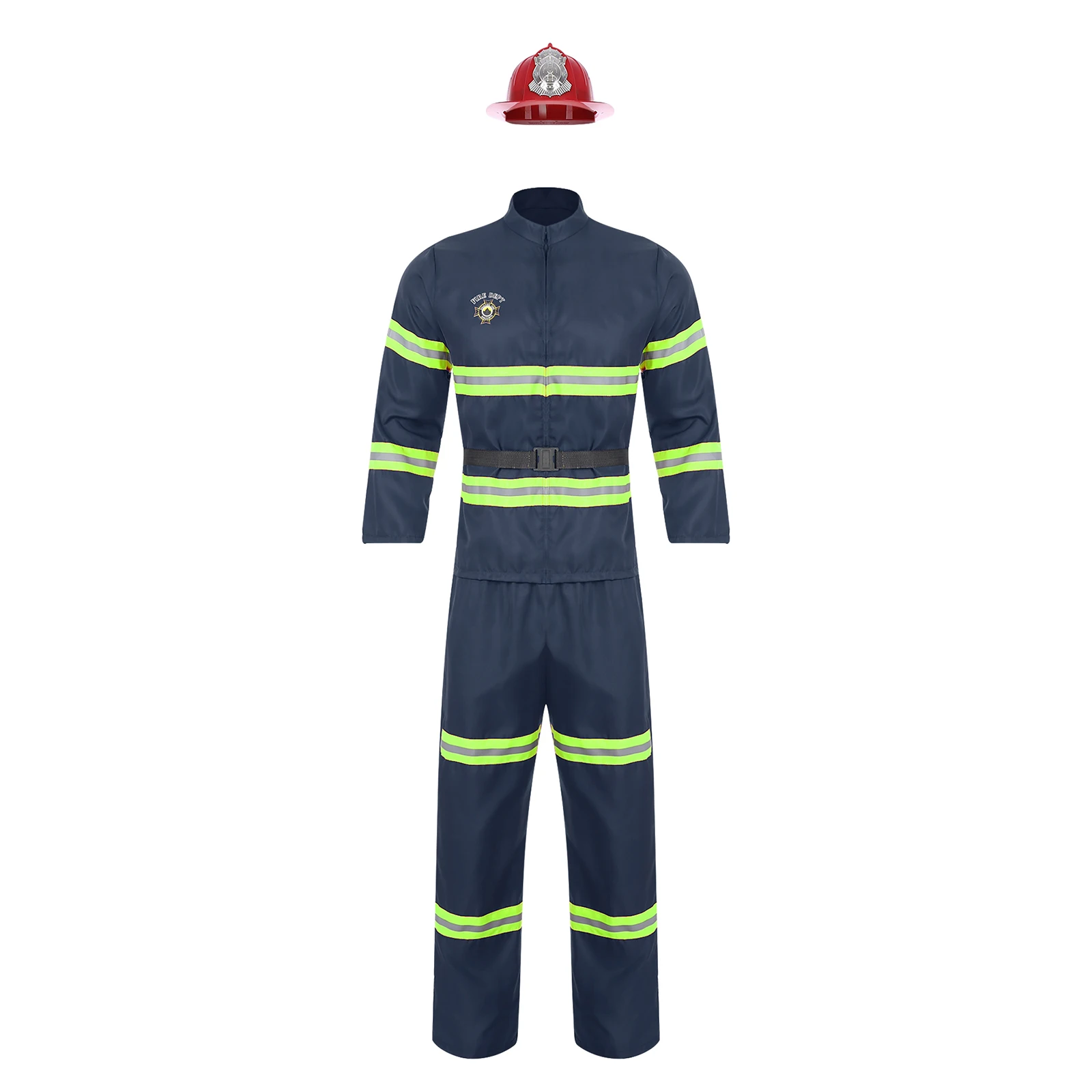Disfraz de bombero para hombre, disfraz de Halloween, disfraces de bombero, chaqueta de extinción de incendios, abrigo, pantalones y cinturón, casco de plástico