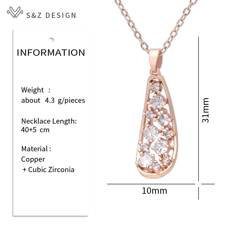 S&Z DESIGN New Fashion Hollow Bent Leaf Cubic Zirconia Pendant Necklace For Women 585 Rose Gold Color Jewelry Daily Accessories