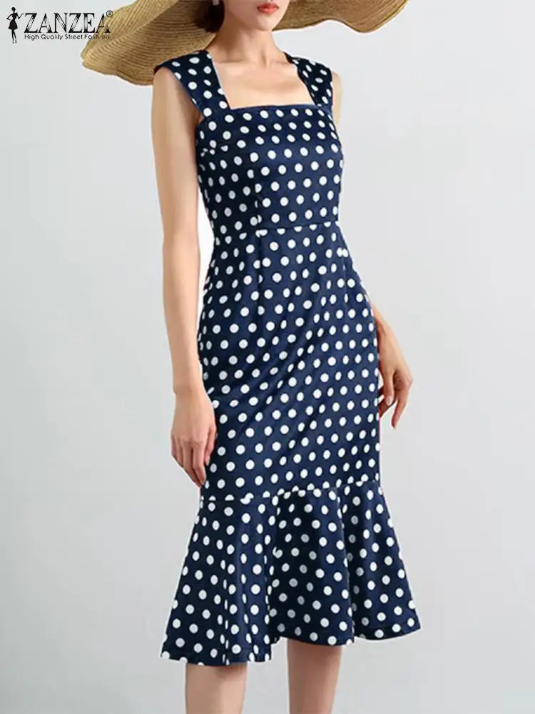 

ZANZEA 2023 Summer Sleeveless Midi Dress Women Fashion Robes Holiday Square Neck Mermaid Dress Sheath Polka Dot Party Vestidos