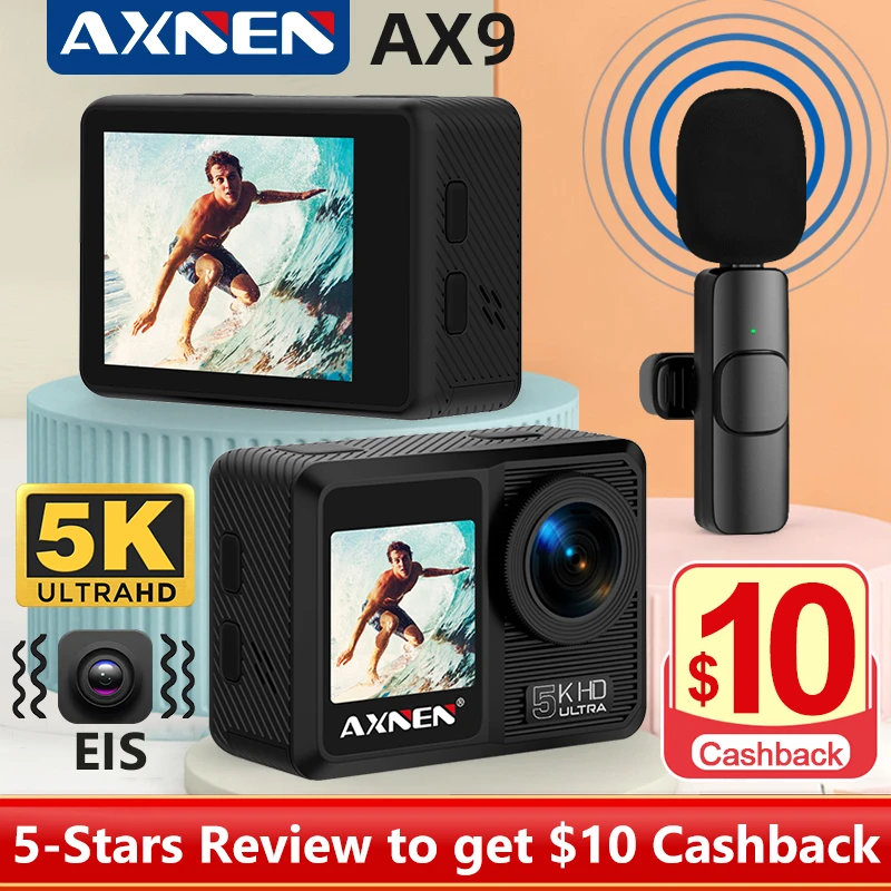 Axnen Ax9 5k Action Camera With Wireless Microphone, 4k 60fps Eis Video