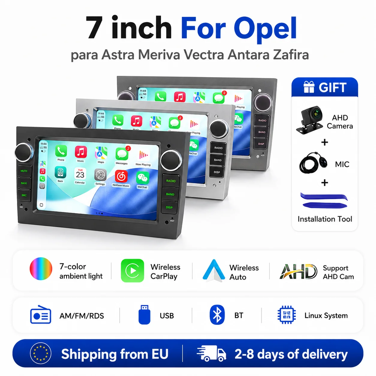 MEKEDE Stock UE, Reproductor MP5 Inalámbrico con Pantalla Linux de 7'' y Carplay para Opel Astra Antara Vectra Corsa, Compatible con Android Auto, WIFI, BT, Cámara Trasera AHD, Radio Multimedia Estéreo para Coche Plug and Play 1