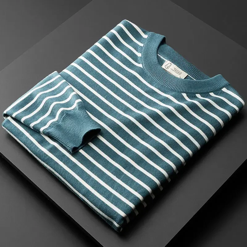 

Новинка Осень-зима 2023, мужские свитера в полоску с круглым вырезом, вязаные пуловеры с длинным рукавом, Мужской Повседневный свитер, Мужская трикотажная одежда, топы