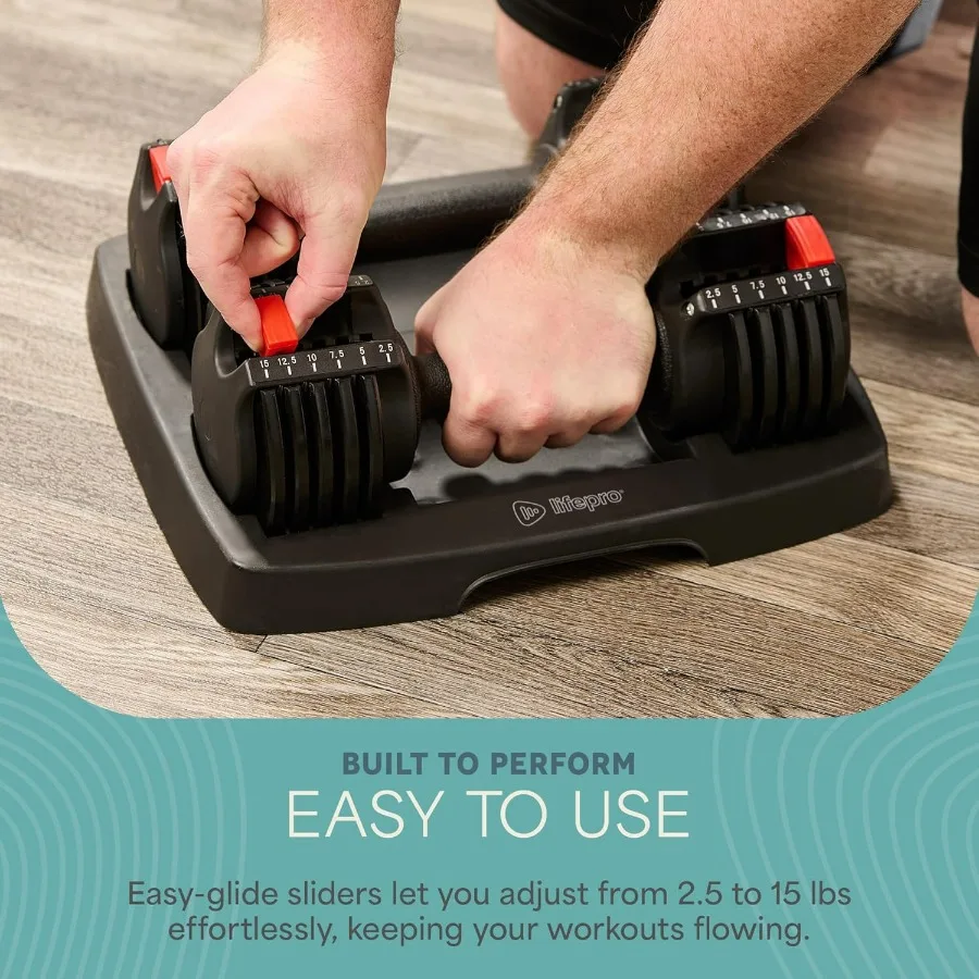 Adjustable Dumbbells Set - 5in1- 15lb Pair & Single with Rack - Quick Adjust, Secure Grip - Compact Hand Weights for Men Women H