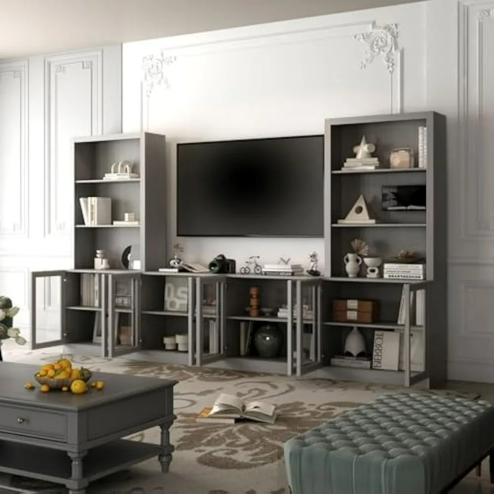 Entertainment Center with Bookshelves&Glass Doors, Living Room Entertainment Center with Bridge, Hutch Space for TV, Wood Grain 2
