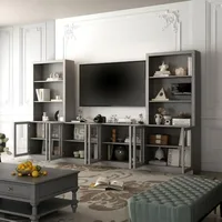 Entertainment Center with Bookshelves&Glass Doors, Living Room Entertainment Center with Bridge, Hutch Space for TV, Wood Grain 2