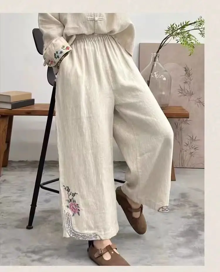 2024 Women's Spring Summer Retro Embroidery Elastic Cotton Hemp Temperament Versatile Casual Loose Crop Pants Wide Leg Pants