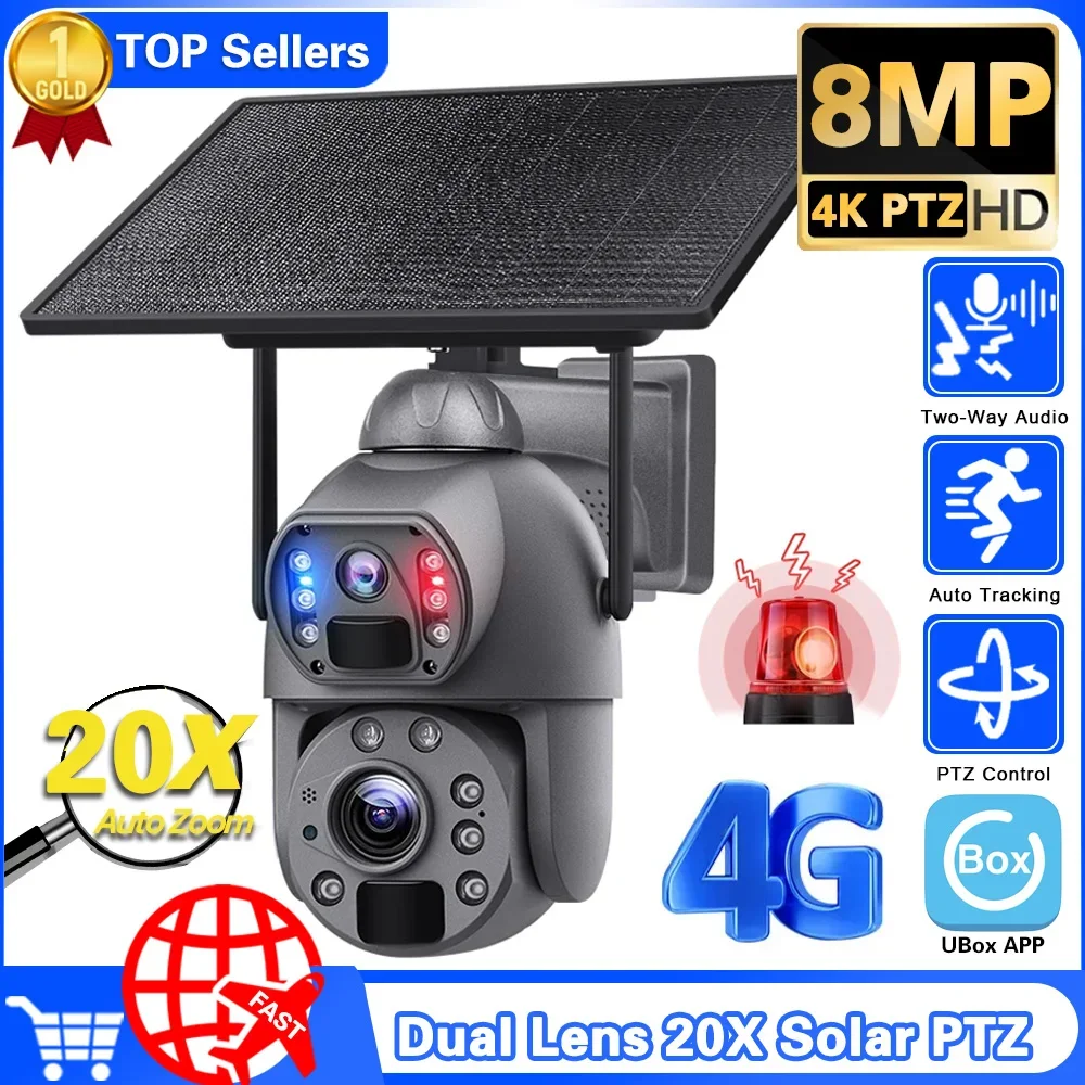 

4K 8MP 20X Optical Zoom Dual Lens Solar PTZ Camera 4G SIM Card Outdoor 10W Solar Panel Camera Metal Waterproof Humanoid Tracking