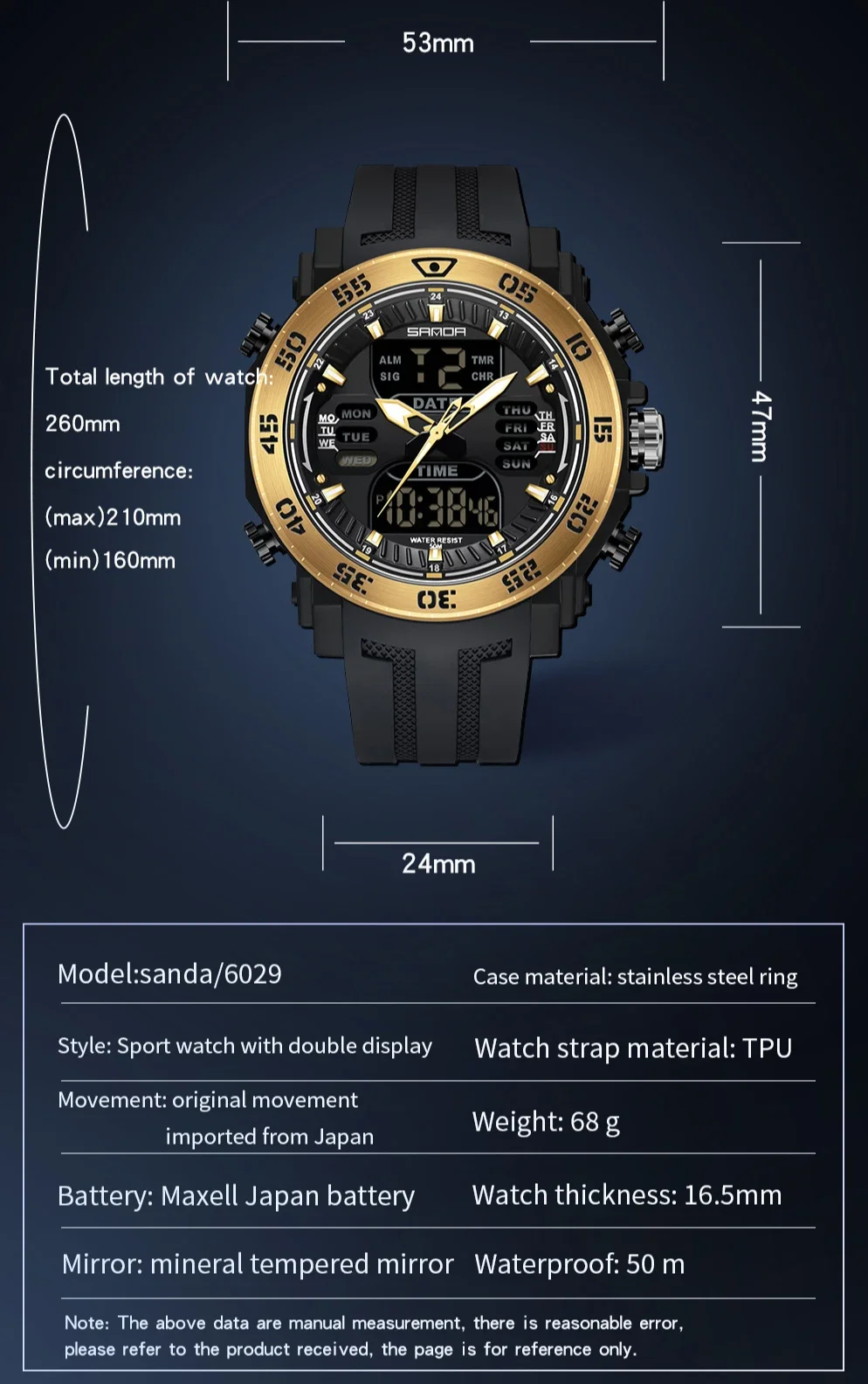 SANDA 6029 Military LED Dual Display Watch for Men Sport Large Dial Waterproof Quartz Digital Wristwatch Mens Reloj Para Hombre