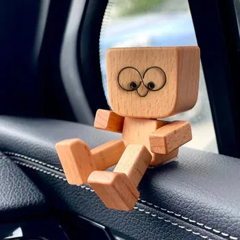 Cute Car Shaking Wooden Man Figurine Interior Wood Ornaments with 12 Magnetic Expressions Handmade Wooden Wiggle Ornament Gift
