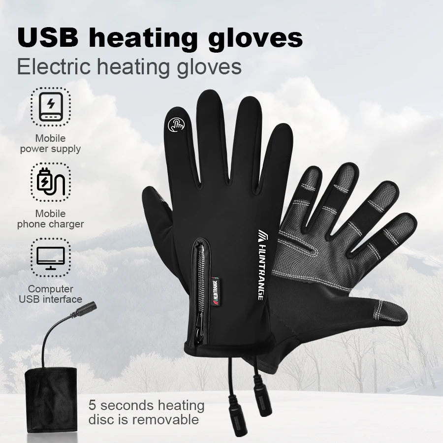 USB Heated Cycling Gloves Winter Waterproof Touch Screen Ski Gloves Rechargeable Heating Motorcycle Bicycle Warm Gloves 2