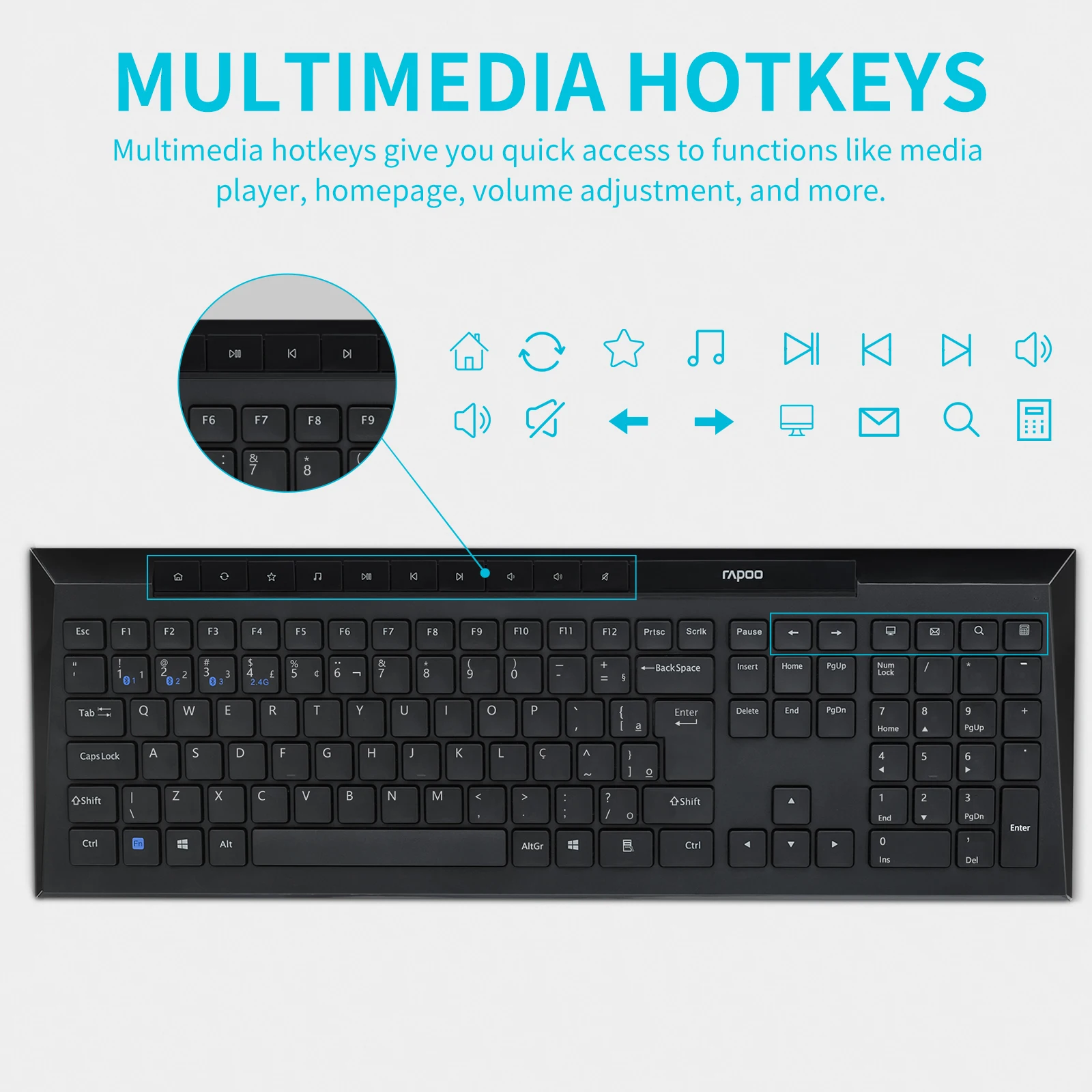Rapoo-kit de Teclado e Mouse sem Fio Multi-device Bluetooth Cor Preta Teclas Multimídia Português Brasil Abnt2 8210m - Imagem 3