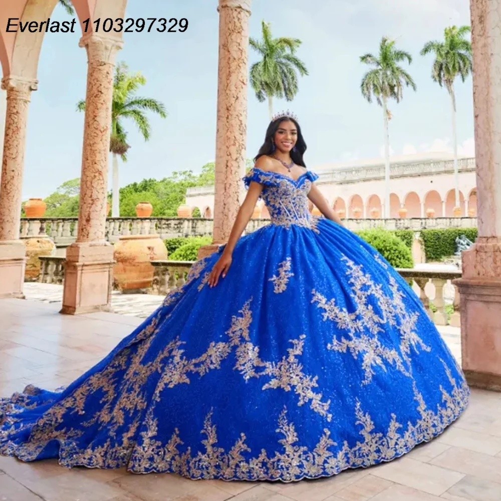 Royal Blue Quinceanera Dress Ball Gown Gold Lace Applique Beading Corset Sweet 16 Vestido De 15 Anos EVLAST QD1071